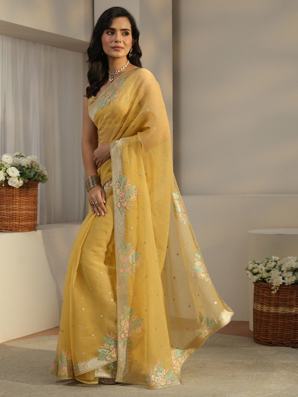 Mameraa Yellow Floral Embroidered Organza Saree
