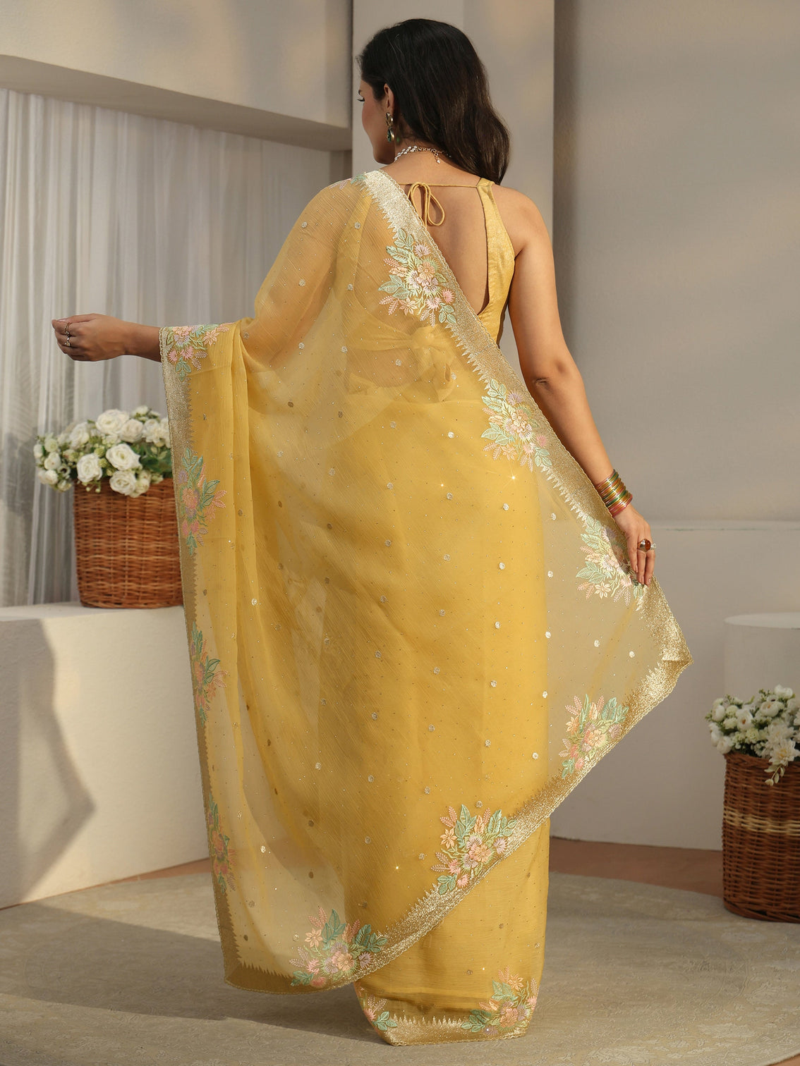 Mameraa Yellow Floral Embroidered Organza Saree