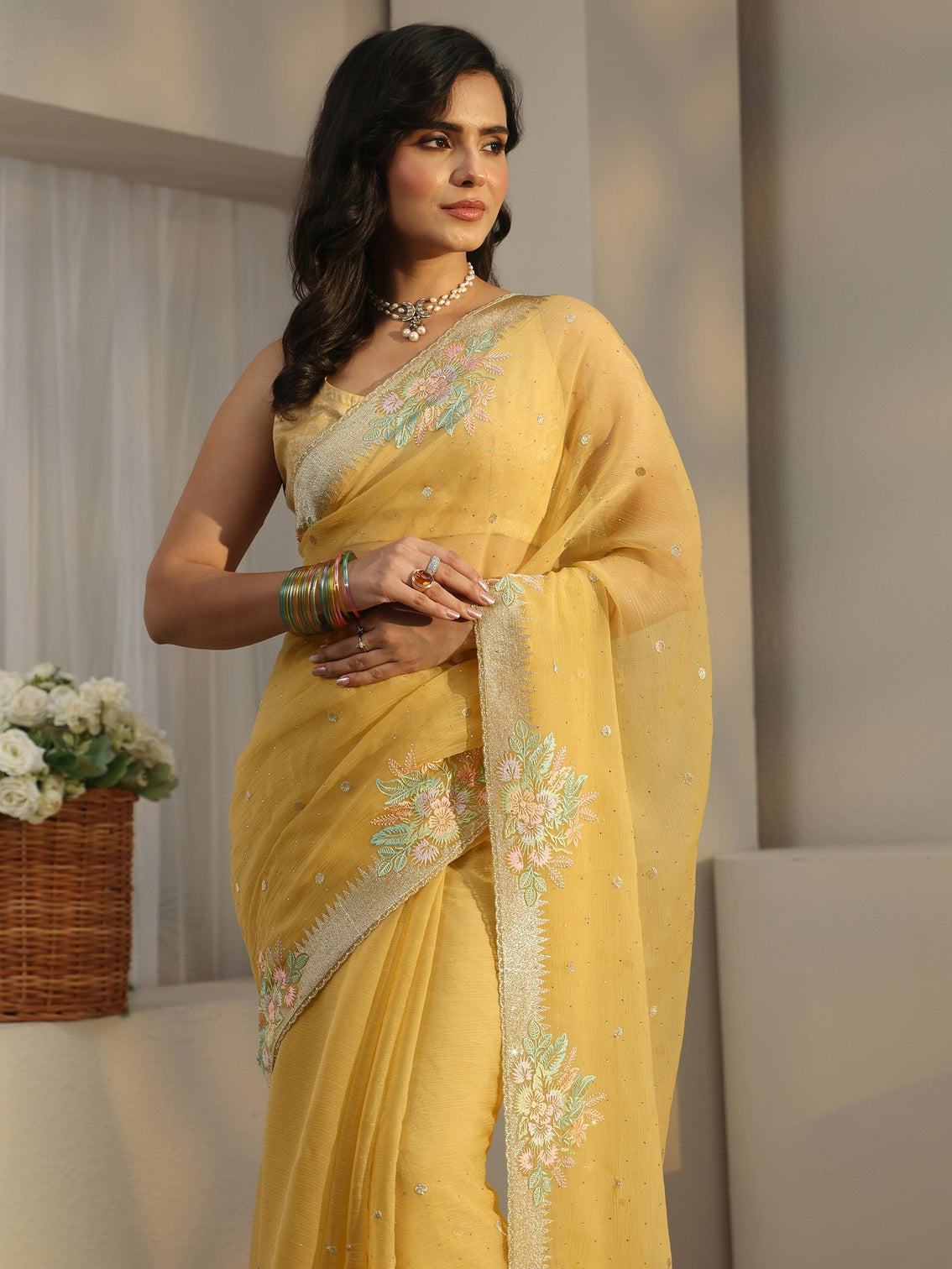 Mameraa Yellow Floral Embroidered Organza Saree