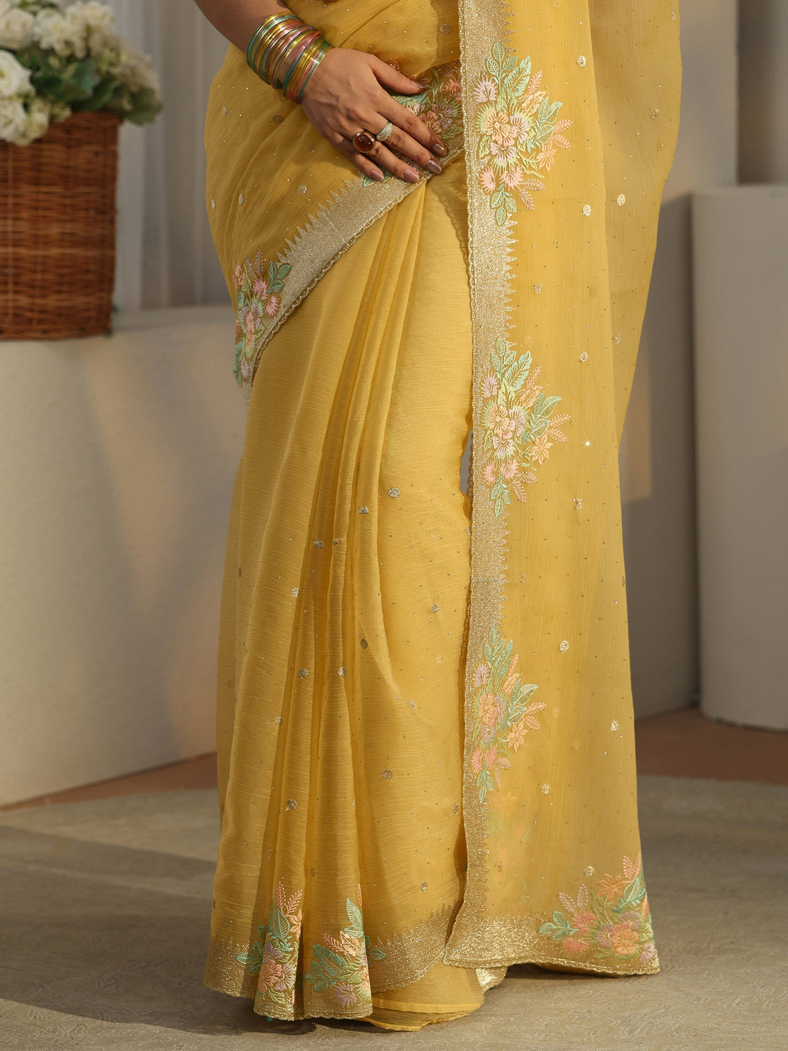 Mameraa Yellow Floral Embroidered Organza Saree