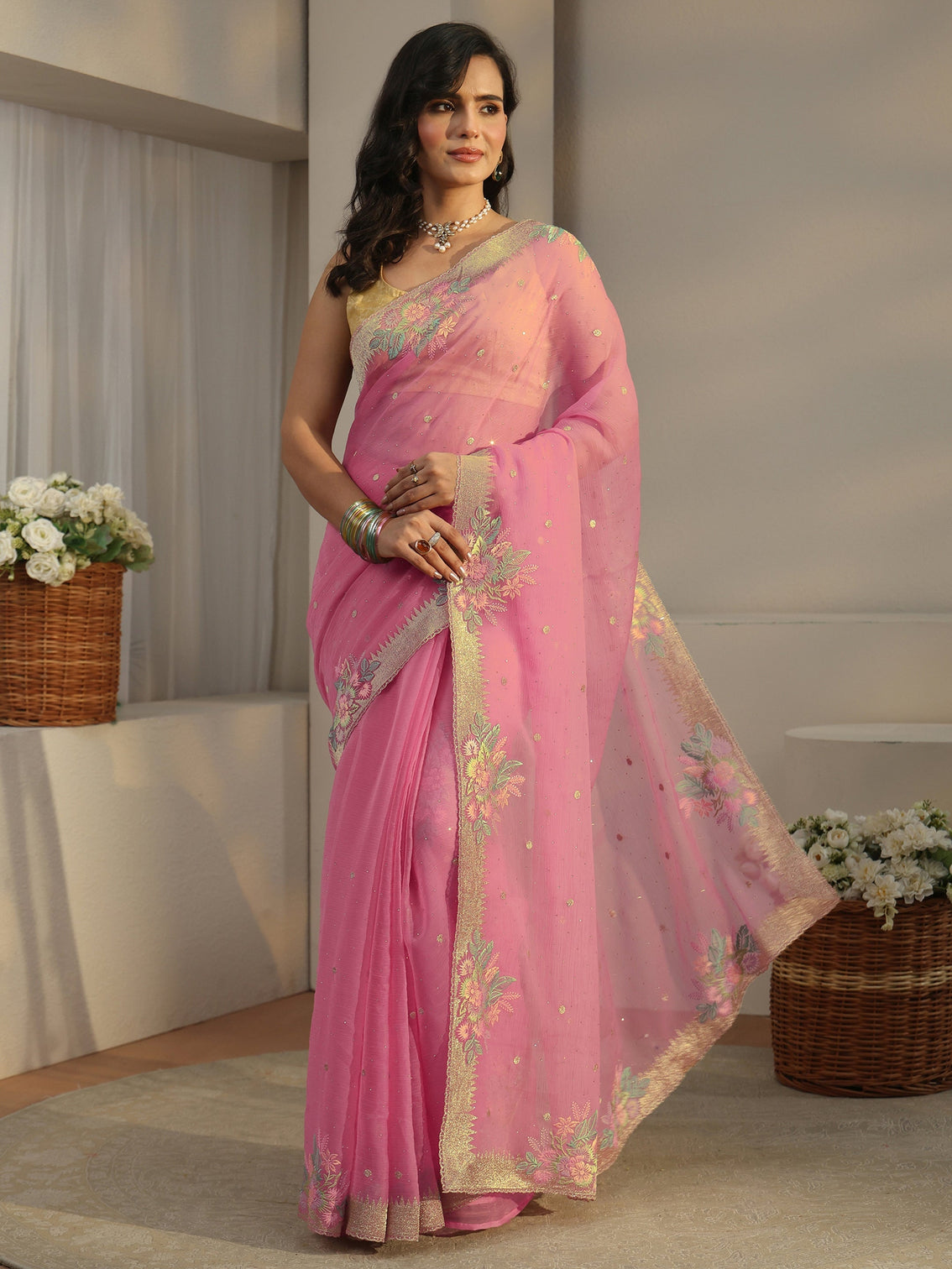Mameraa Baby Pink Floral Embroidered Organza Saree