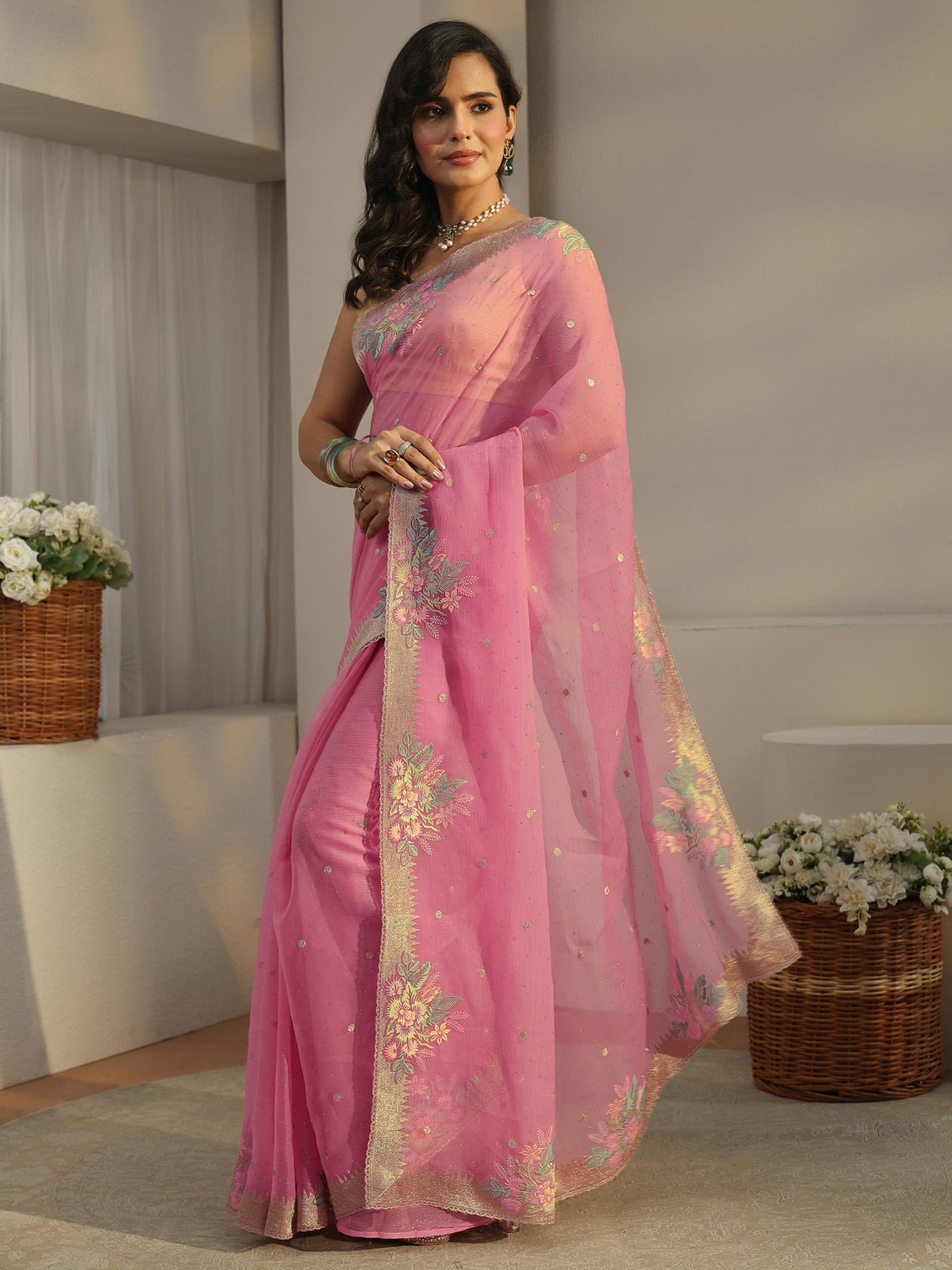 Mameraa Baby Pink Floral Embroidered Organza Saree