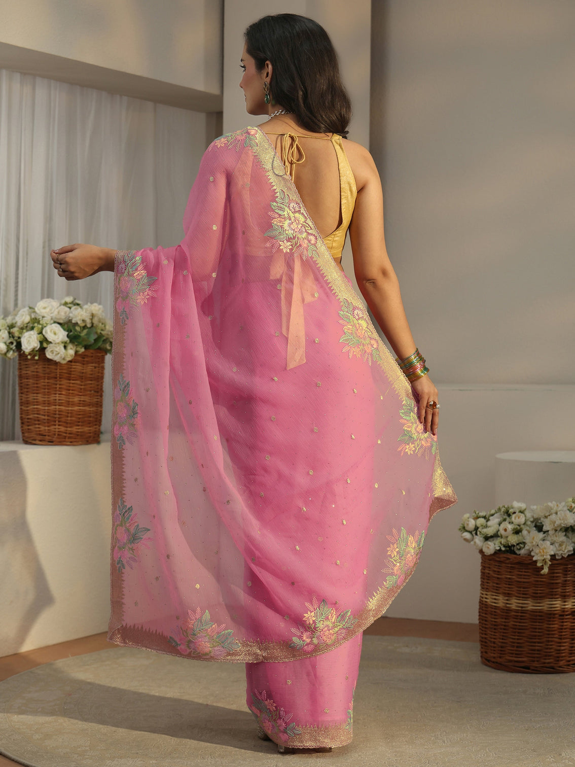 Mameraa Baby Pink Floral Embroidered Organza Saree