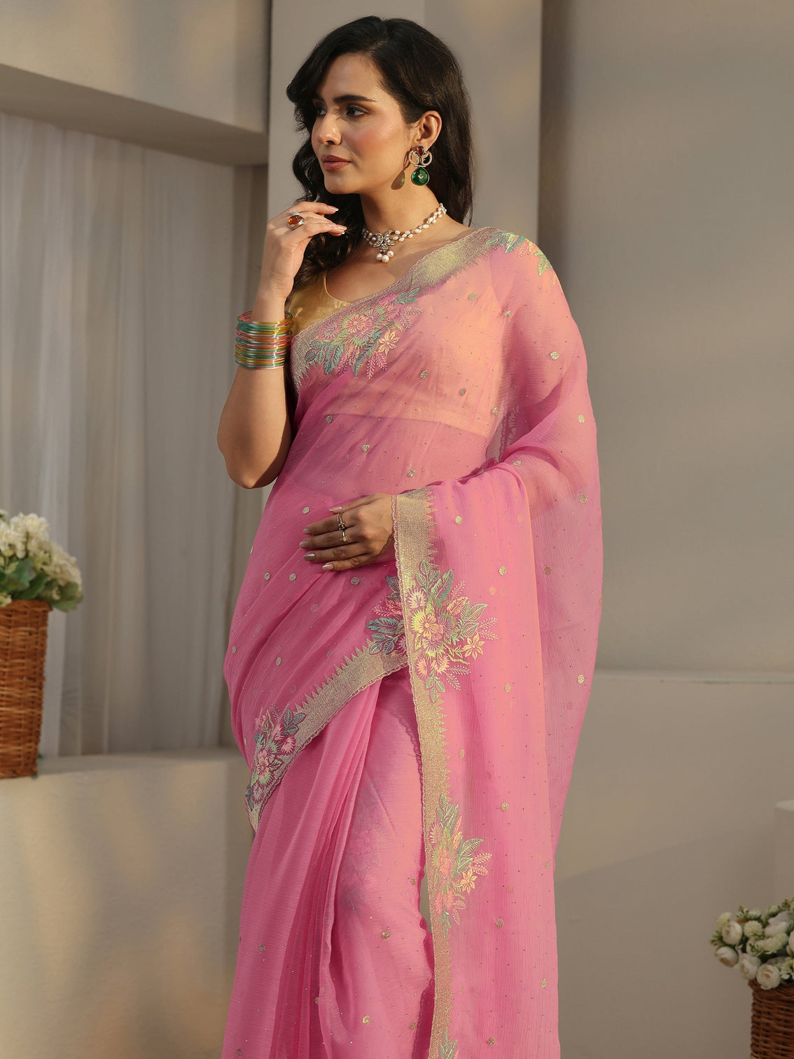 Mameraa Baby Pink Floral Embroidered Organza Saree