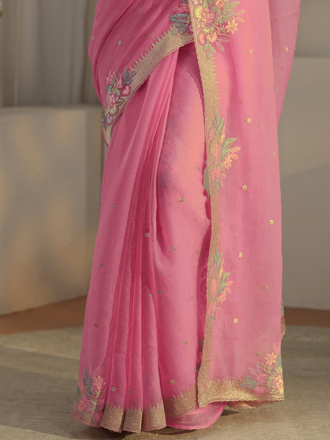 Mameraa Baby Pink Floral Embroidered Organza Saree