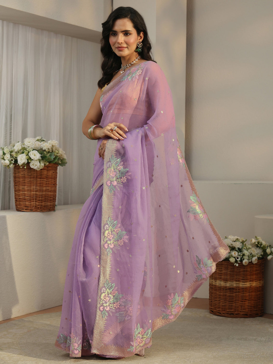 Mameraa Lavender Floral Embroidered Organza Saree