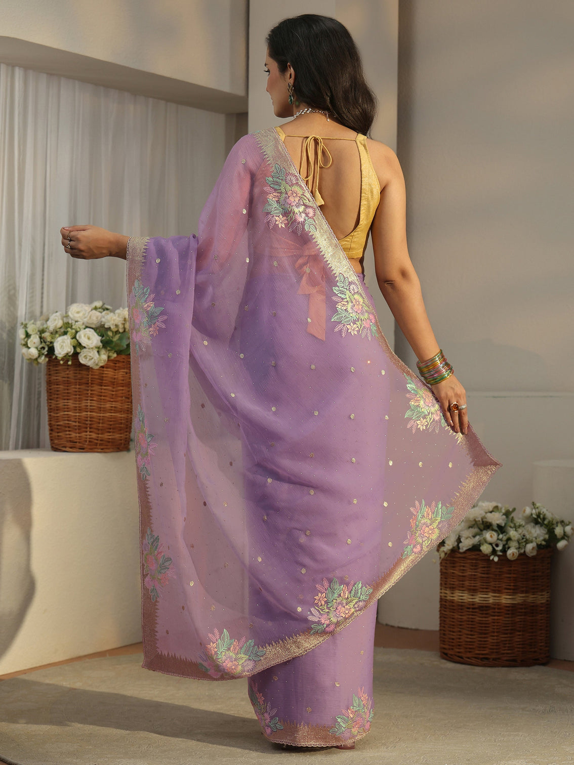 Mameraa Lavender Floral Embroidered Organza Saree