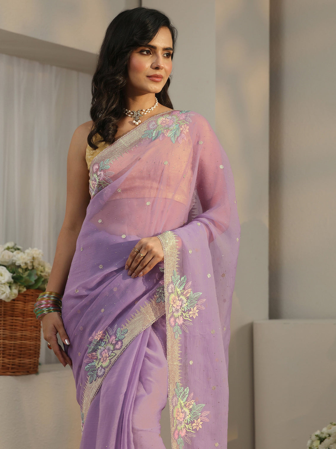 Mameraa Lavender Floral Embroidered Organza Saree