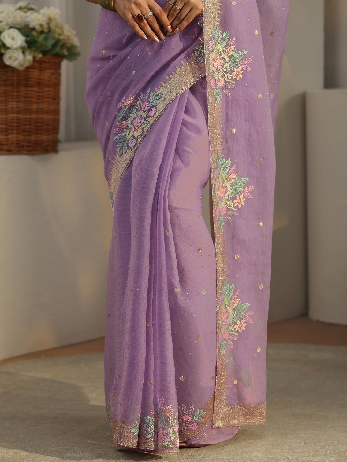 Mameraa Lavender Floral Embroidered Organza Saree
