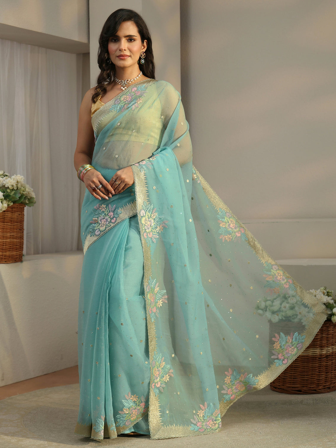 Mameraa Powder Blue Floral Embroidered Organza Saree