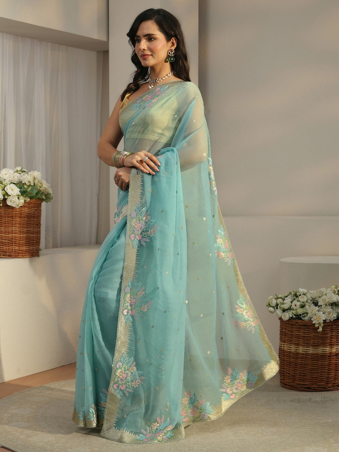 Mameraa Powder Blue Floral Embroidered Organza Saree