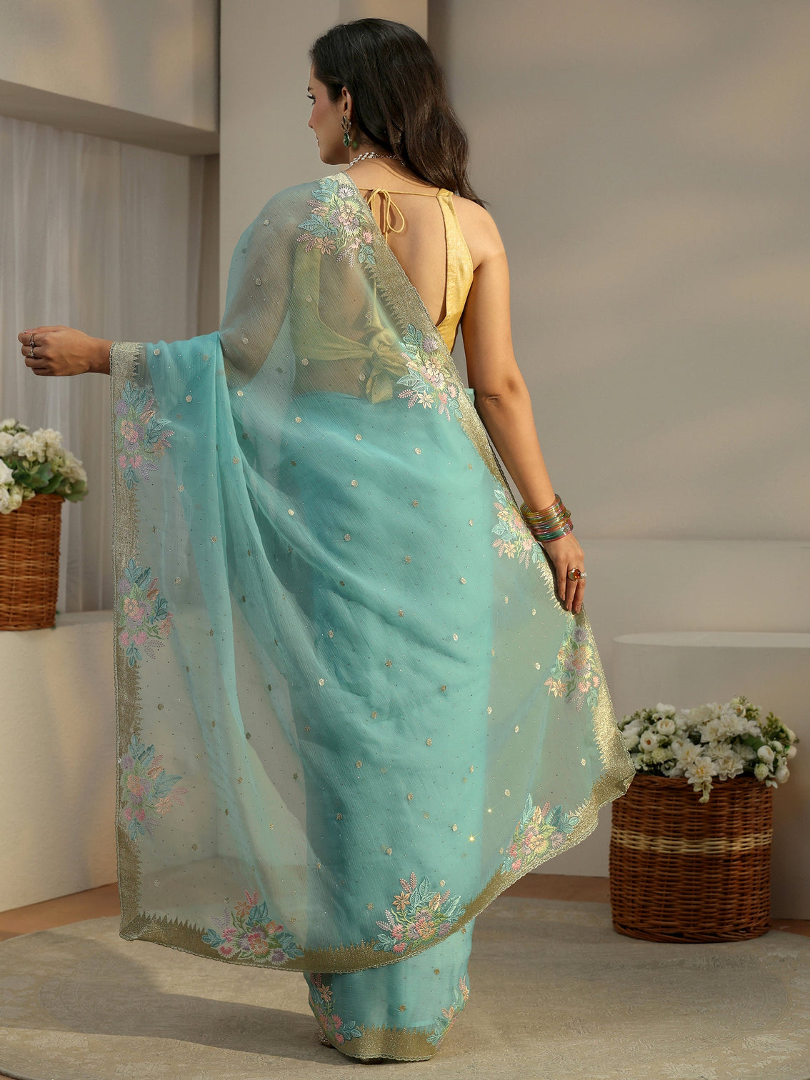 Mameraa Powder Blue Floral Embroidered Organza Saree