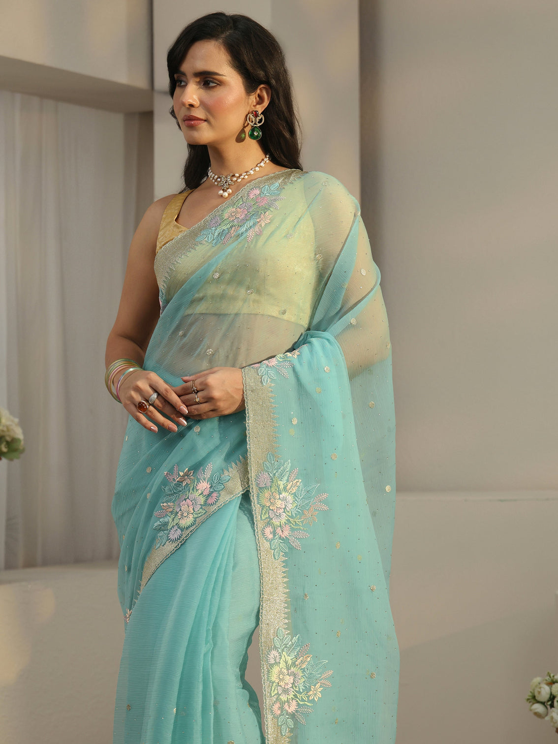 Mameraa Powder Blue Floral Embroidered Organza Saree