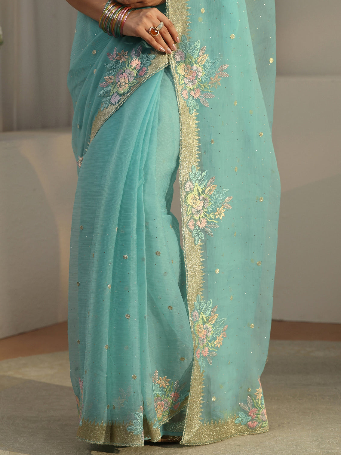 Mameraa Powder Blue Floral Embroidered Organza Saree