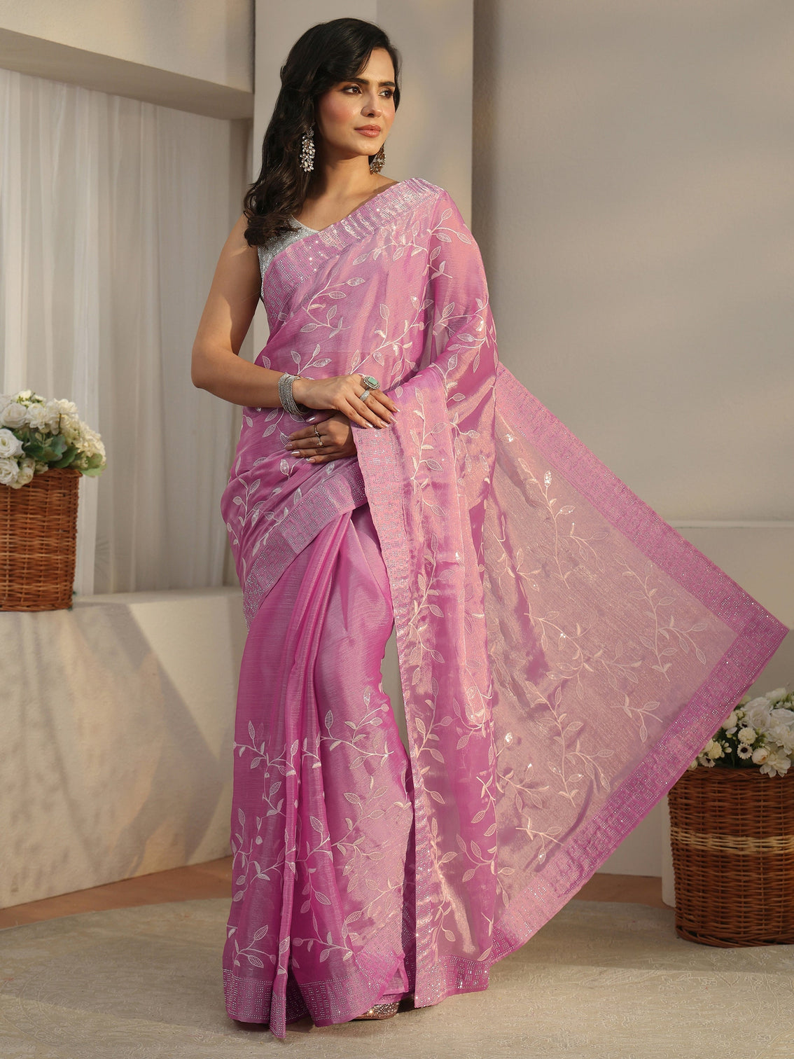 Mameraa Pink Floral Embellished Tissue Saree