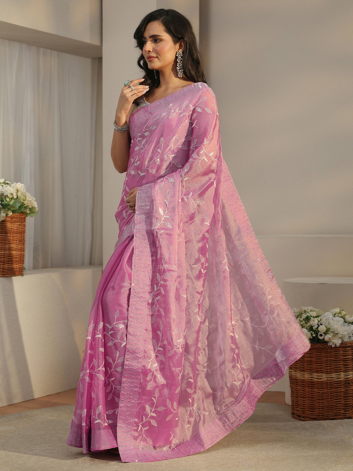 Mameraa Pink Floral Embellished Tissue Saree