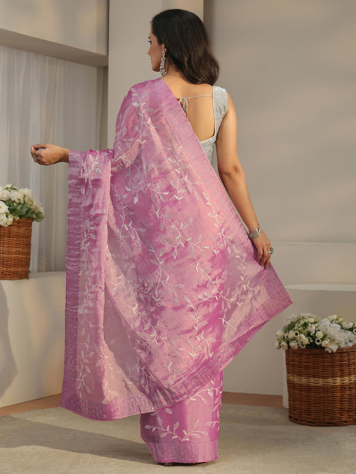 Mameraa Pink Floral Embellished Tissue Saree
