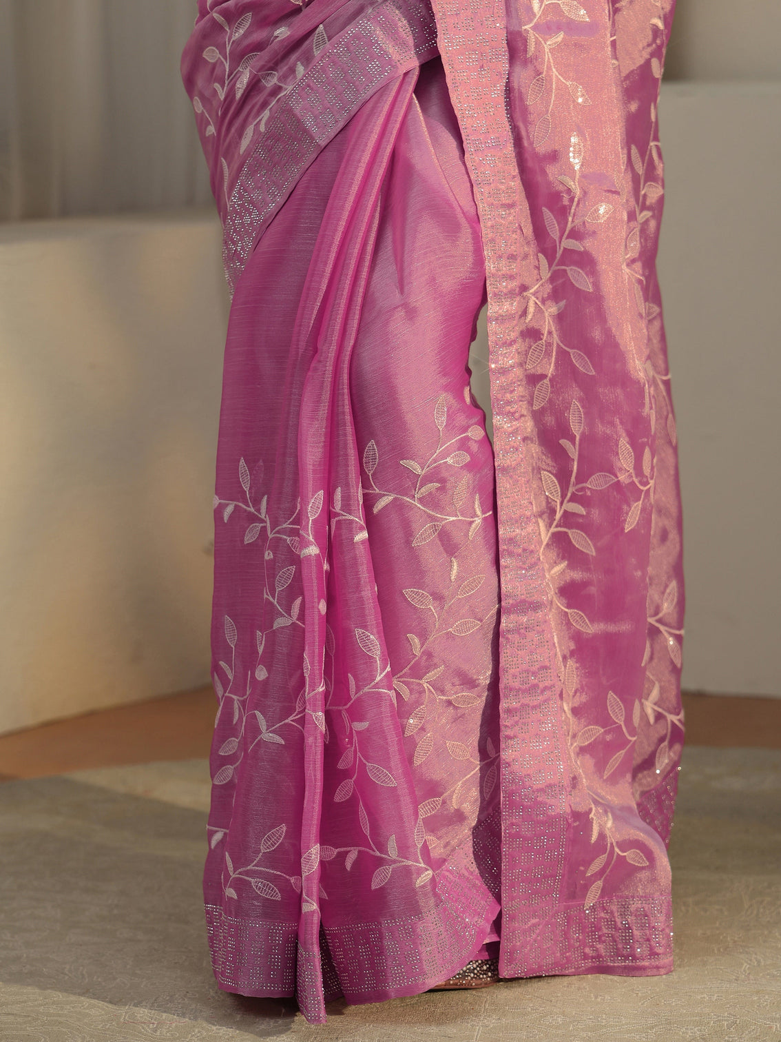 Mameraa Pink Floral Embellished Tissue Saree