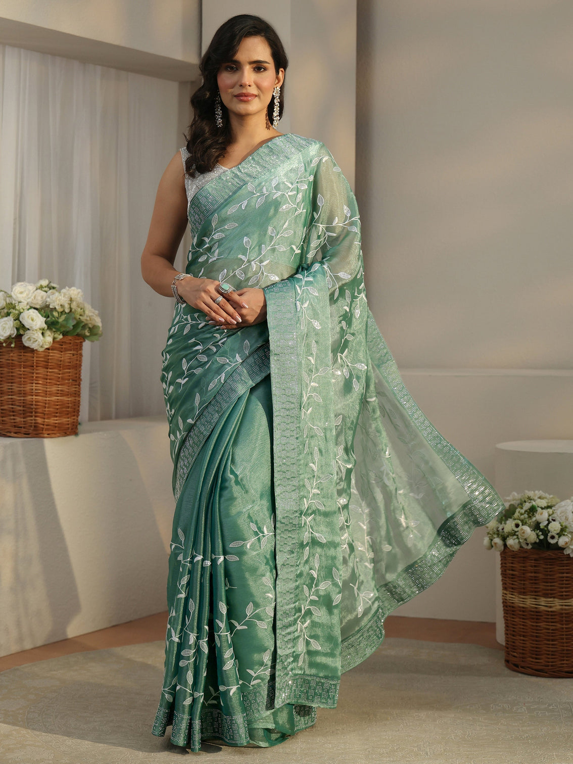 Mameraa Sea Green Floral Embellished Tissue Saree