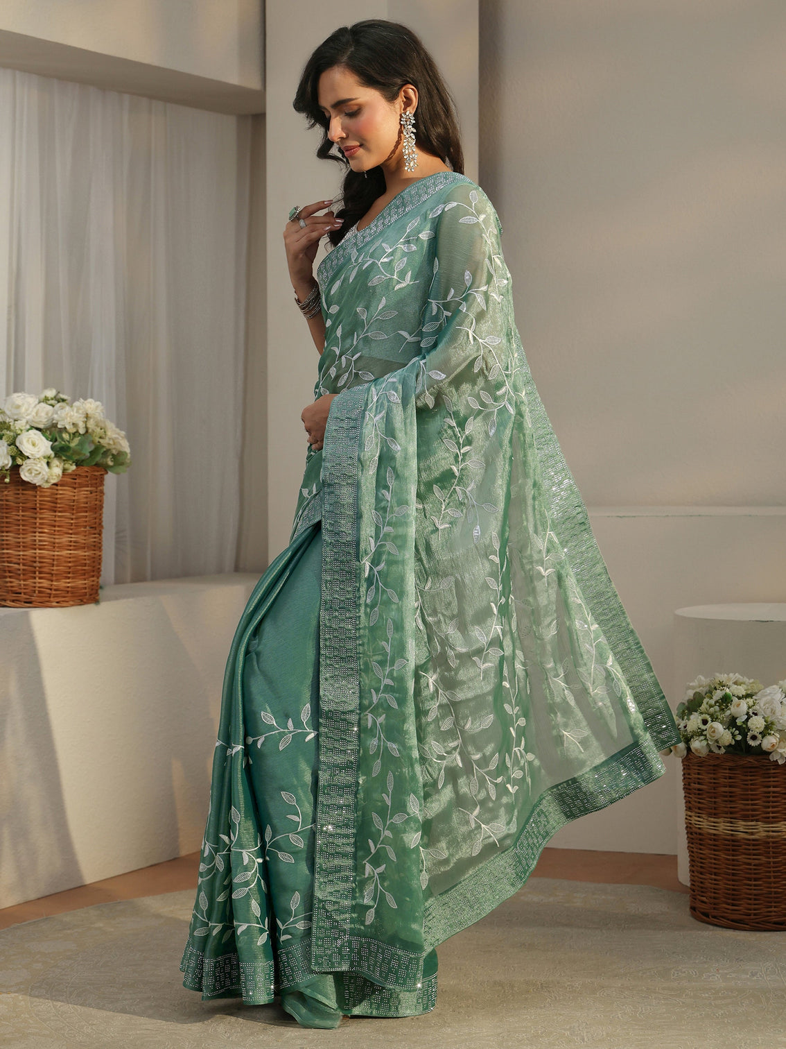 Mameraa Sea Green Floral Embellished Tissue Saree