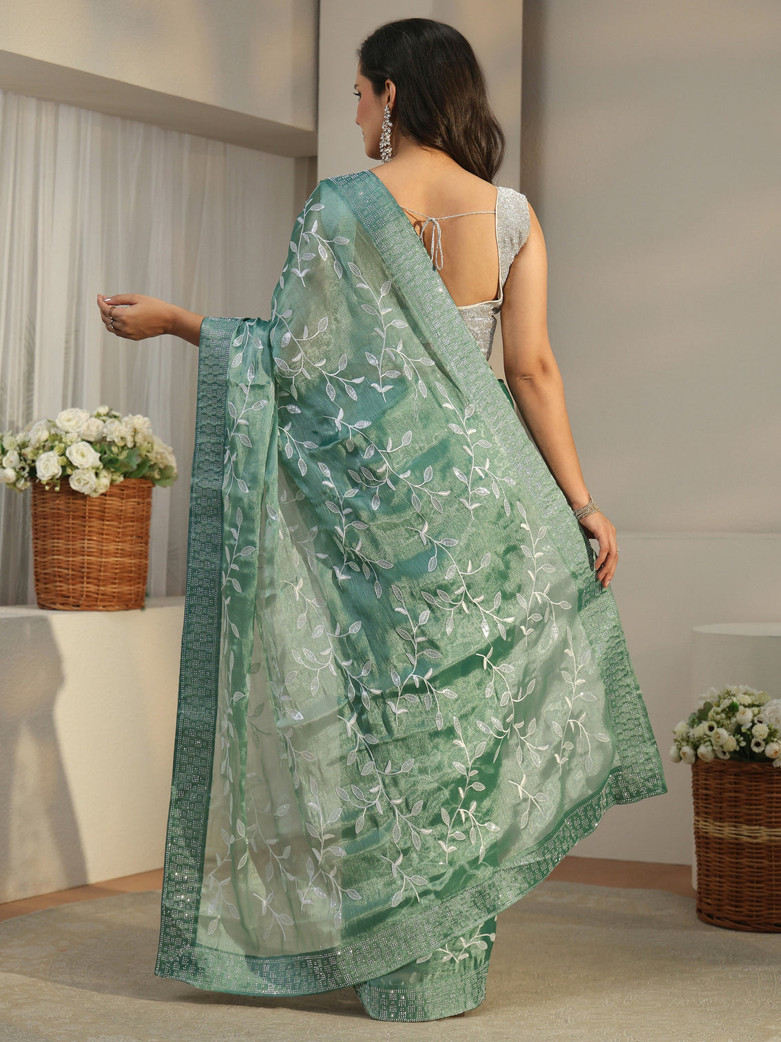Mameraa Sea Green Floral Embellished Tissue Saree