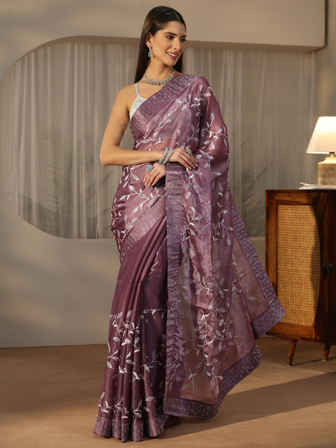 Mameraa Mauve Floral Embellished Tissue Saree