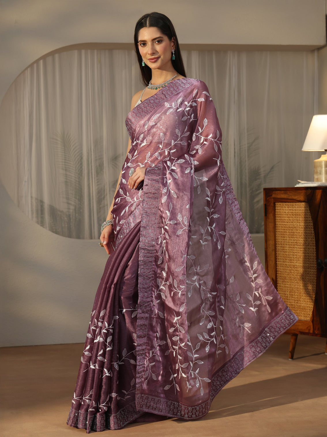 Mameraa Mauve Floral Embellished Tissue Saree