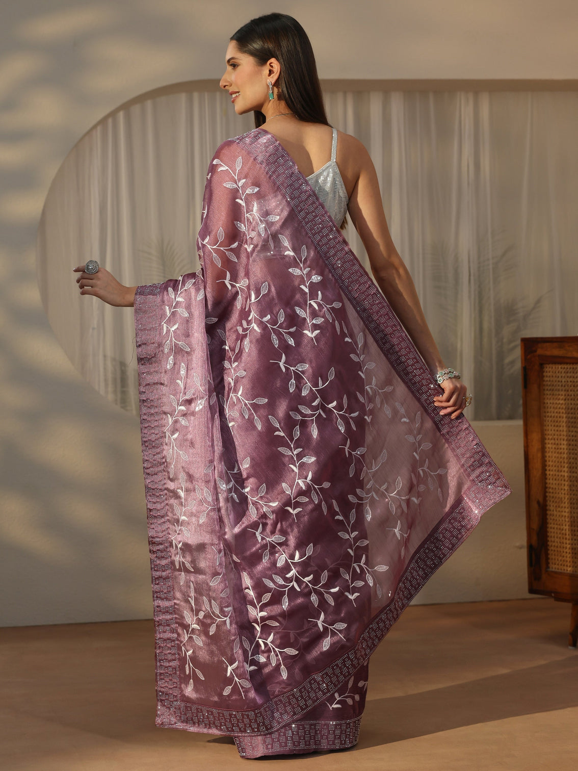 Mameraa Mauve Floral Embellished Tissue Saree