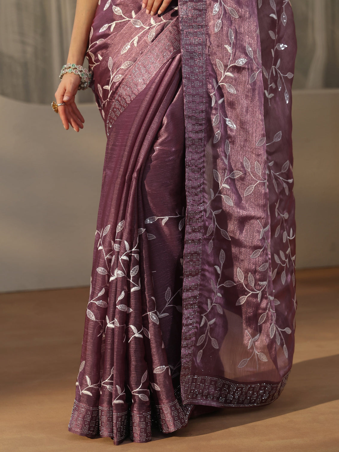 Mameraa Mauve Floral Embellished Tissue Saree