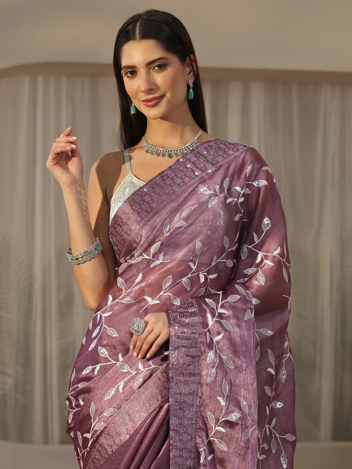 Mameraa Mauve Floral Embellished Tissue Saree