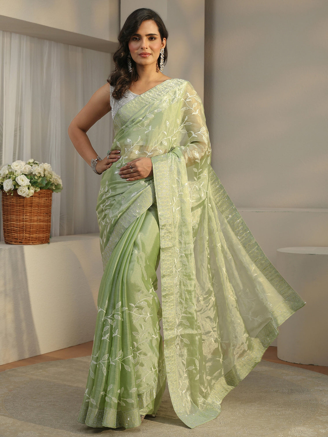 Mameraa Pista Green Floral Embellished Tissue Saree