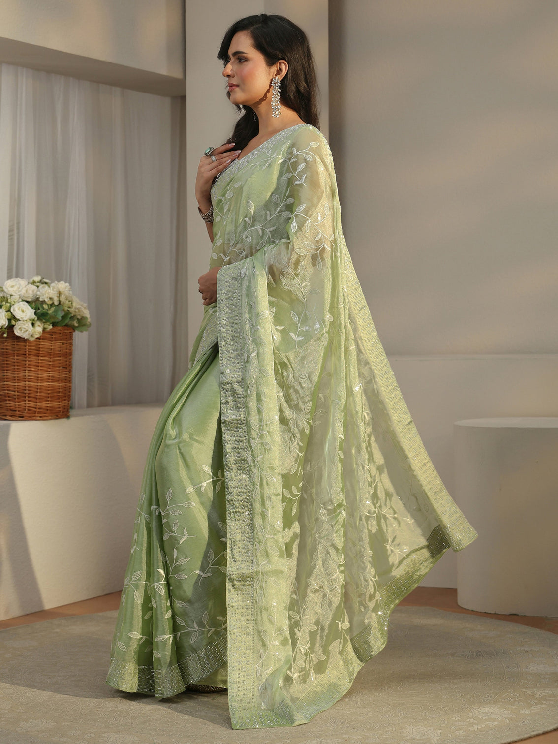 Mameraa Pista Green Floral Embellished Tissue Saree