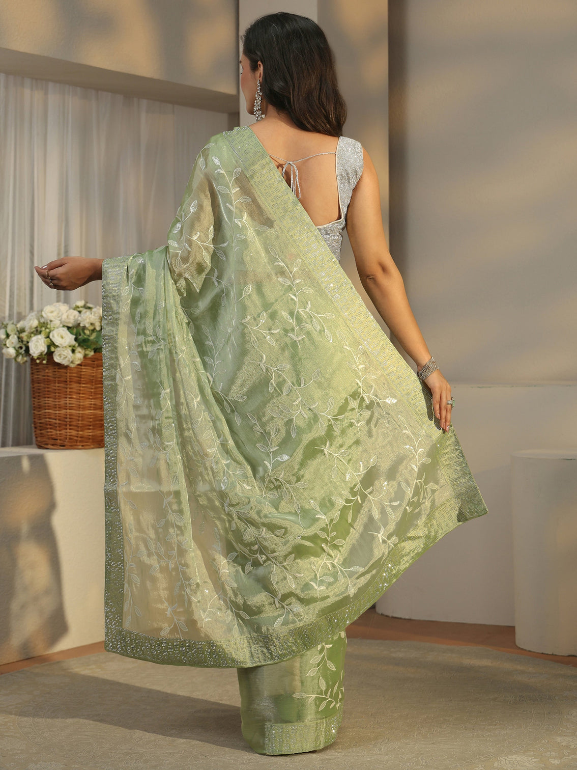 Mameraa Pista Green Floral Embellished Tissue Saree