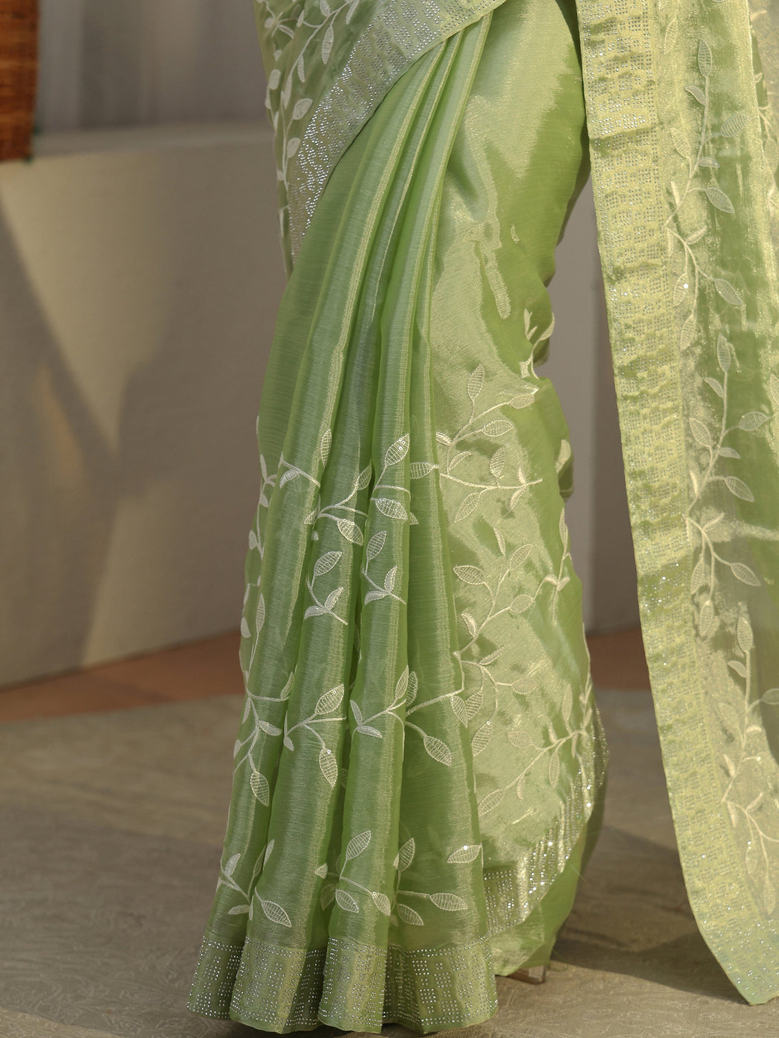 Mameraa Pista Green Floral Embellished Tissue Saree