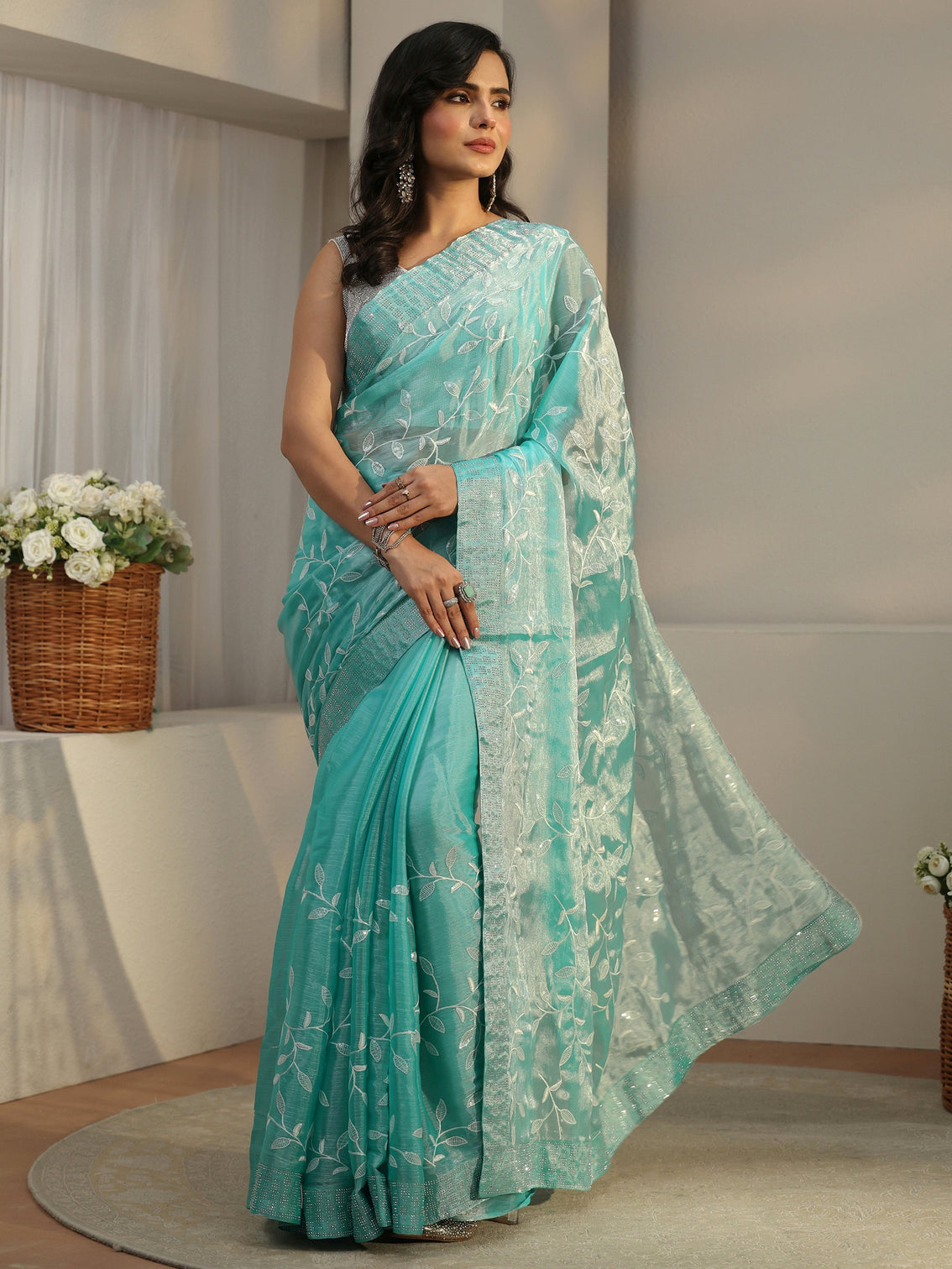 Mameraa Turquoise Blue Floral Embellished Tissue Saree