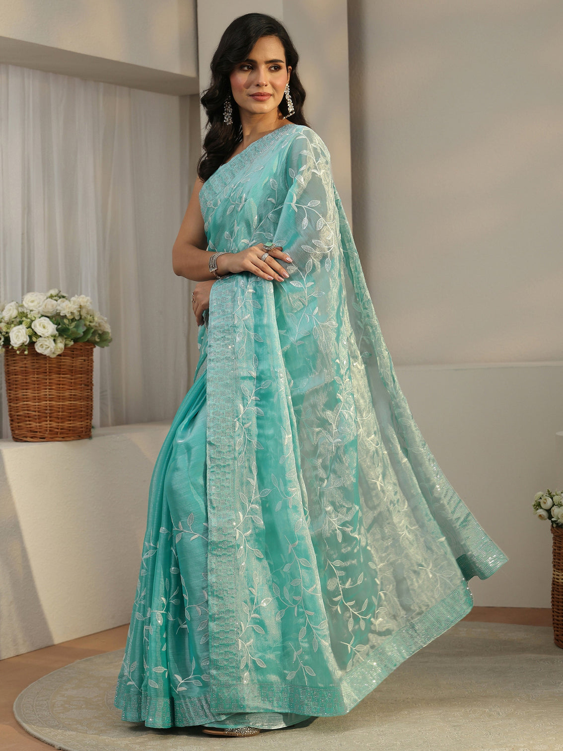 Mameraa Turquoise Blue Floral Embellished Tissue Saree