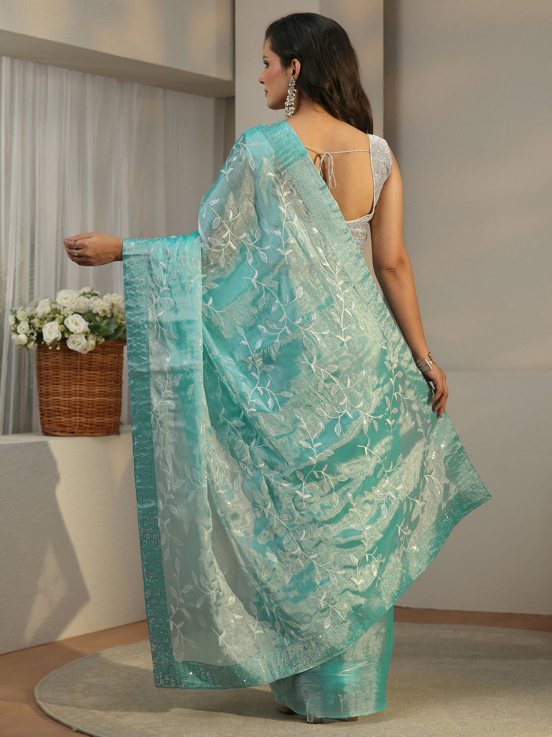 Mameraa Turquoise Blue Floral Embellished Tissue Saree