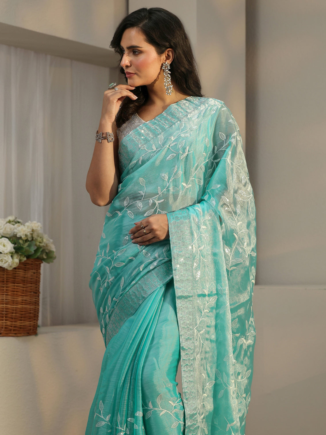 Mameraa Turquoise Blue Floral Embellished Tissue Saree