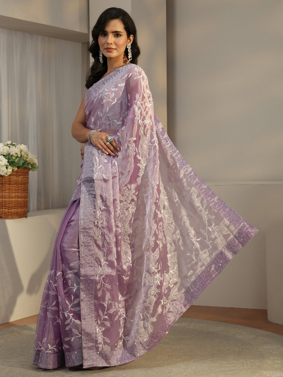 Mameraa Lilac Floral Embellished Tissue Saree