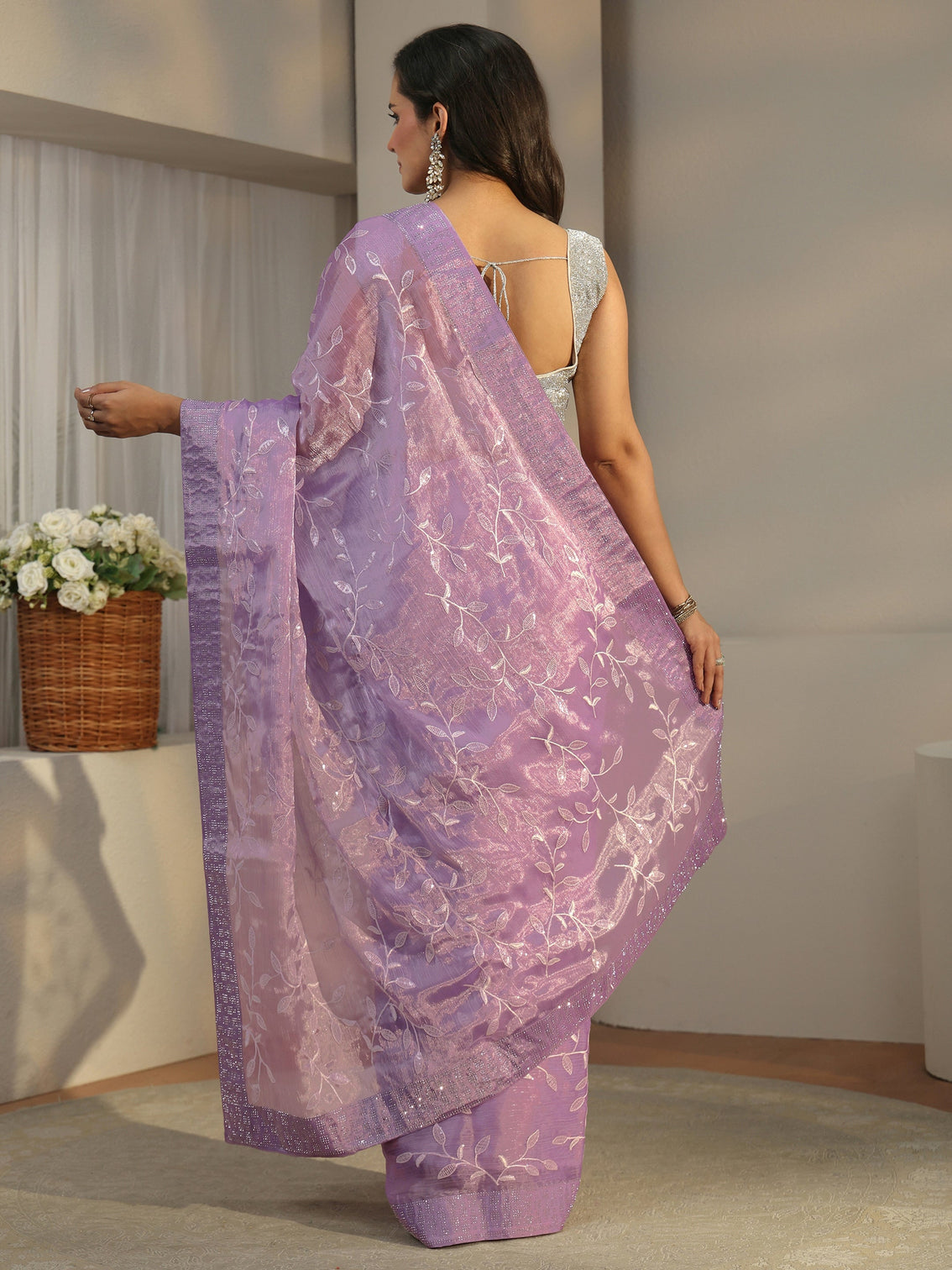 Mameraa Lilac Floral Embellished Tissue Saree
