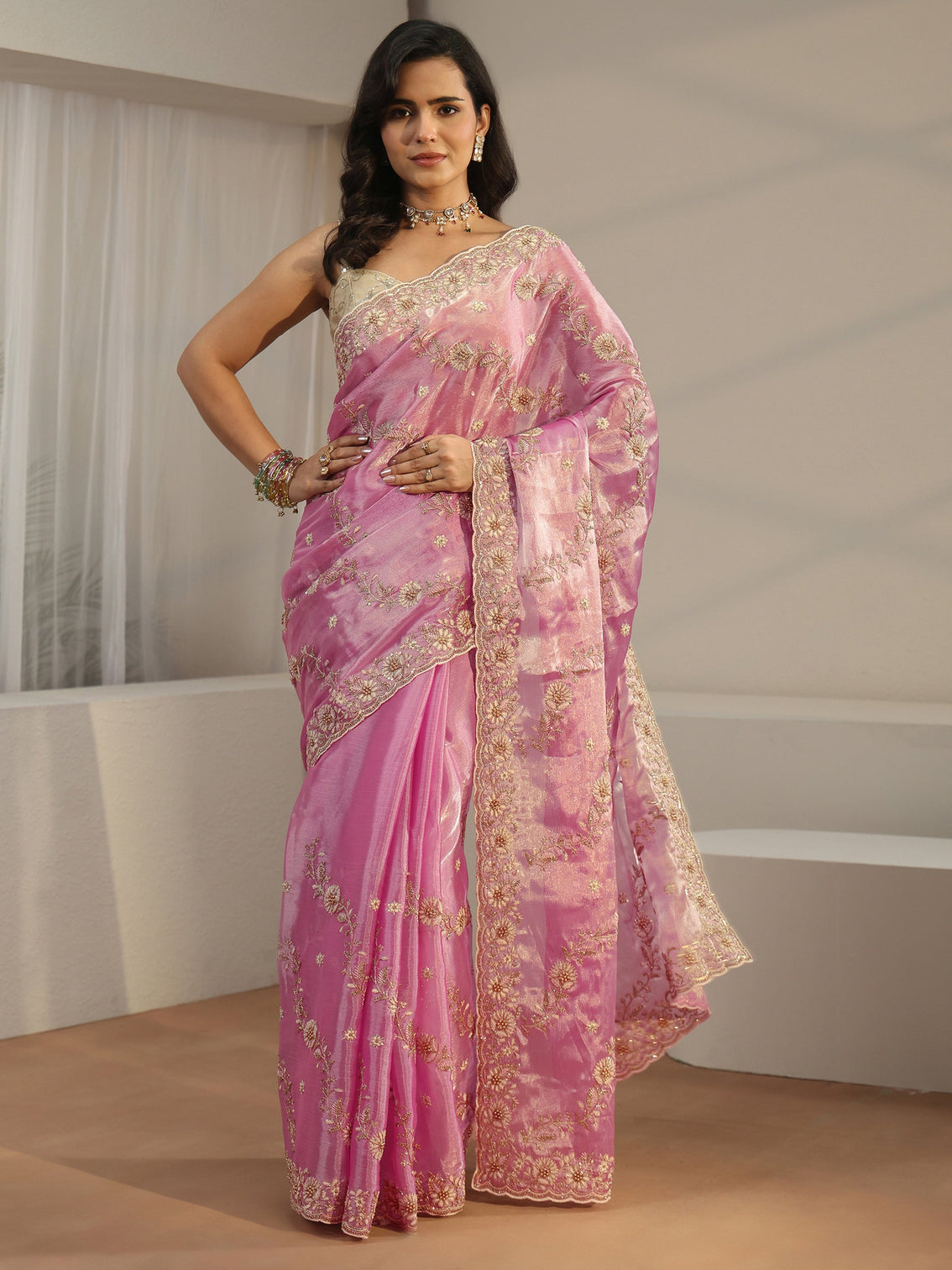 Mameraa Pink Floral Embroidered Tissue Saree