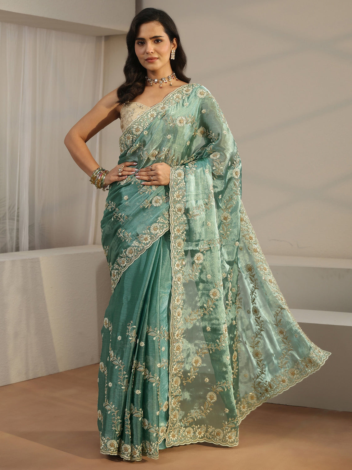 Mameraa Sea Green Floral Embroidered Tissue Saree