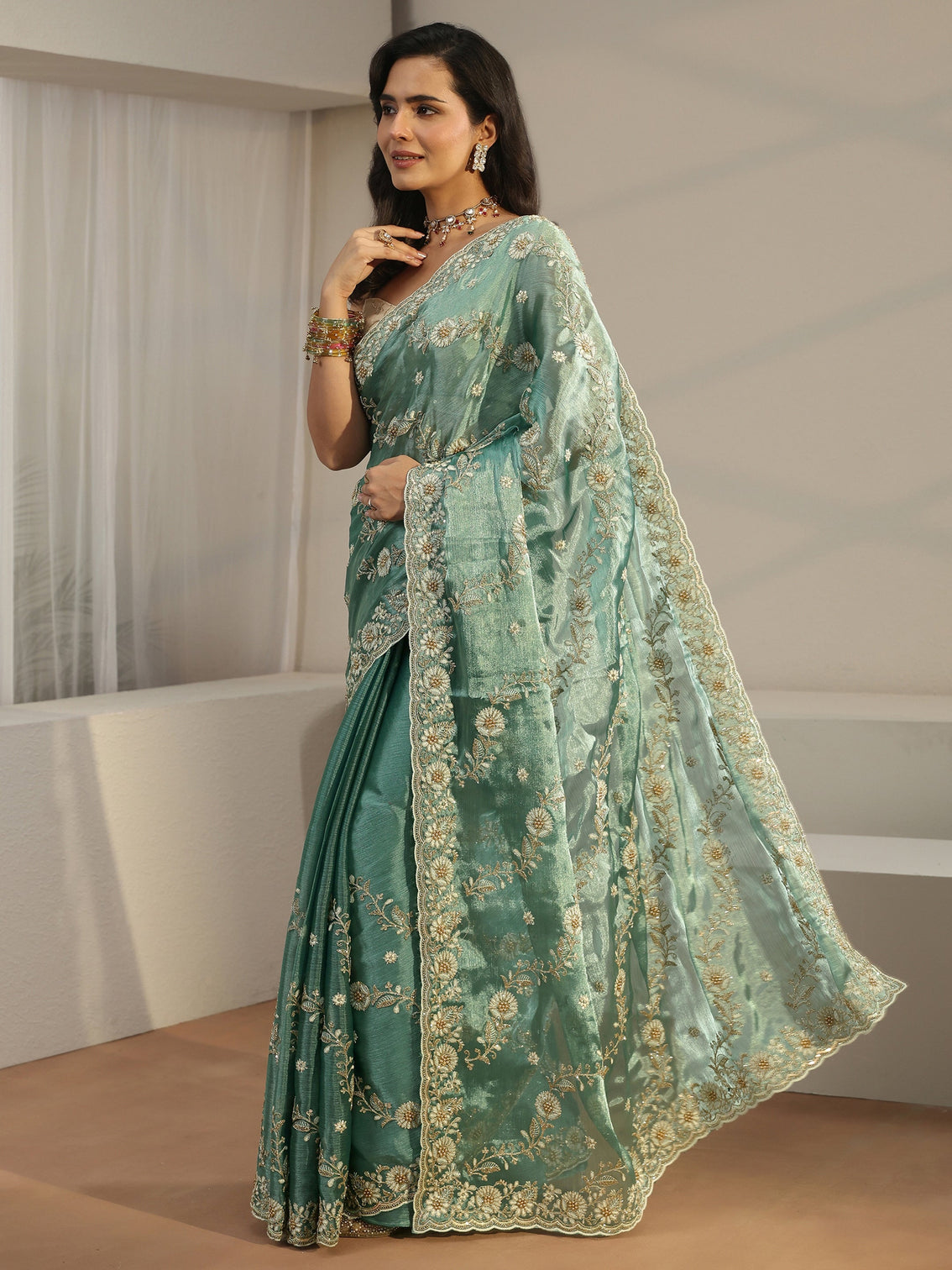 Mameraa Sea Green Floral Embroidered Tissue Saree