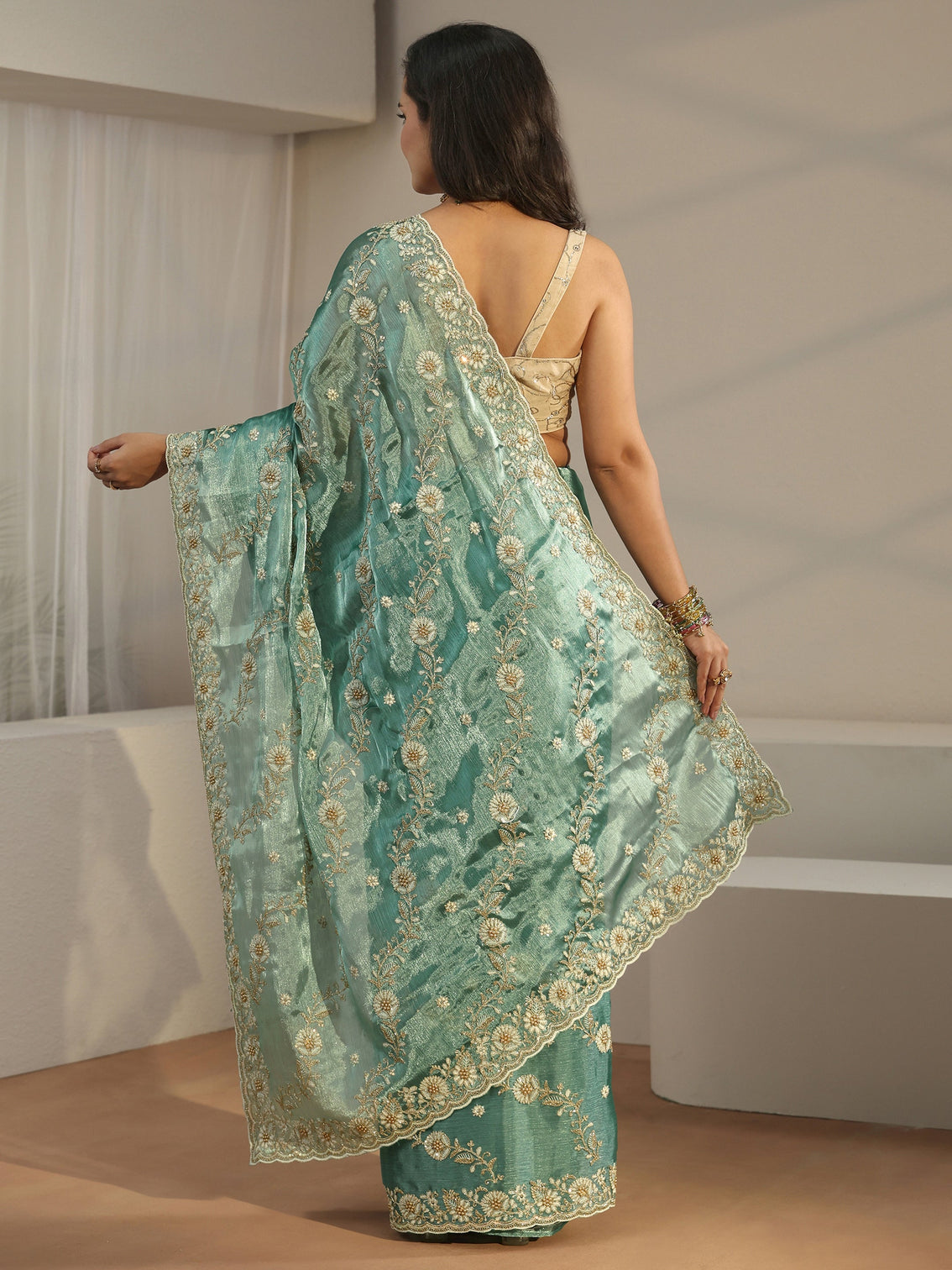 Mameraa Sea Green Floral Embroidered Tissue Saree