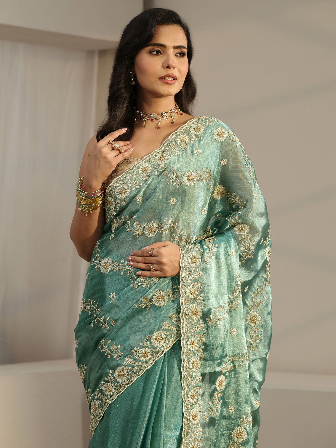 Mameraa Sea Green Floral Embroidered Tissue Saree
