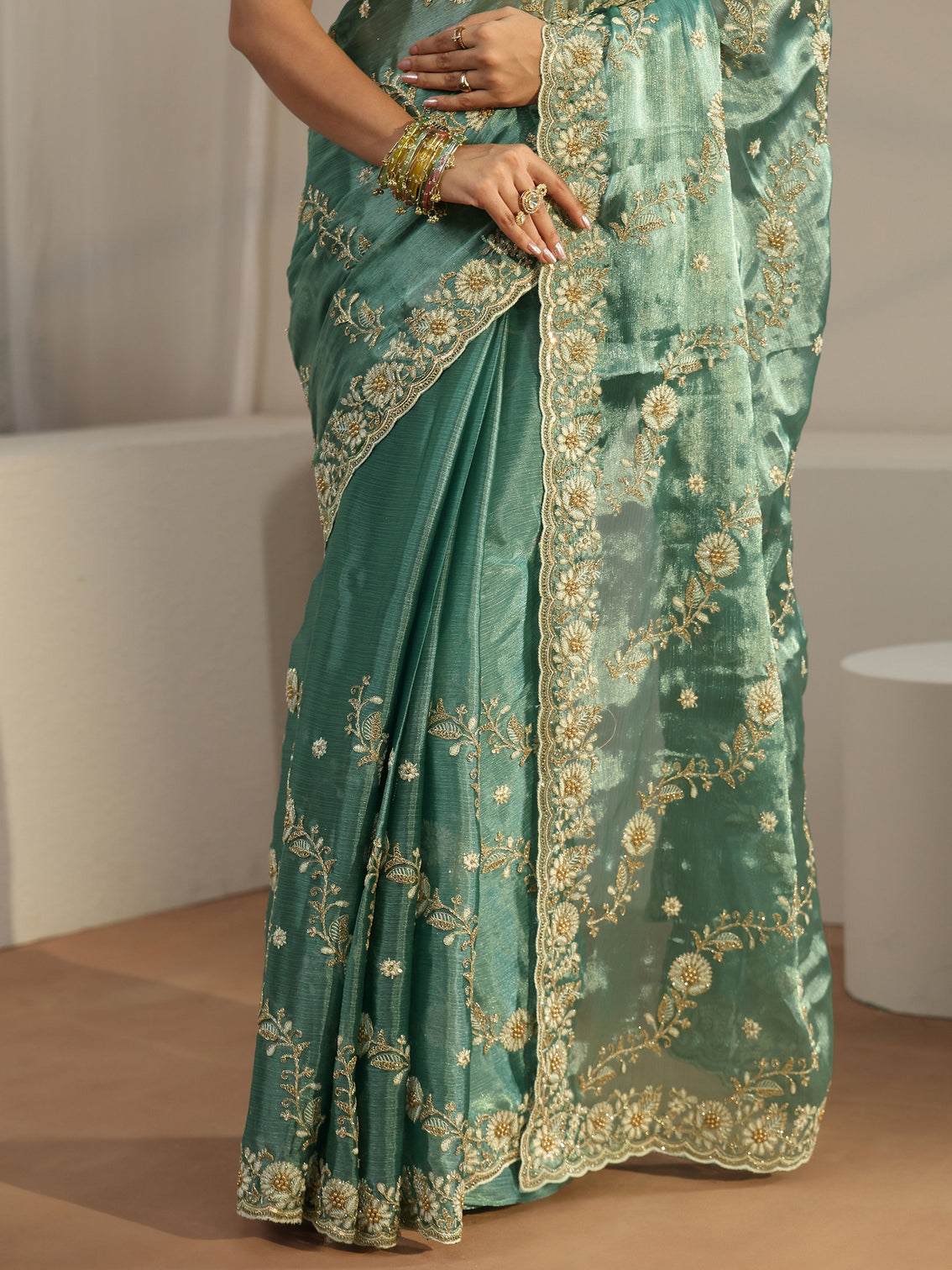 Mameraa Sea Green Floral Embroidered Tissue Saree