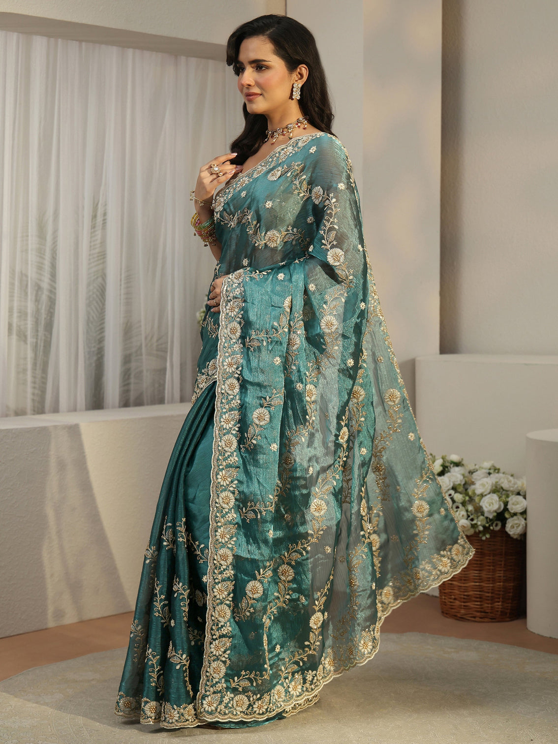 Mameraa Teal Blue Floral Embroidered Tissue Saree