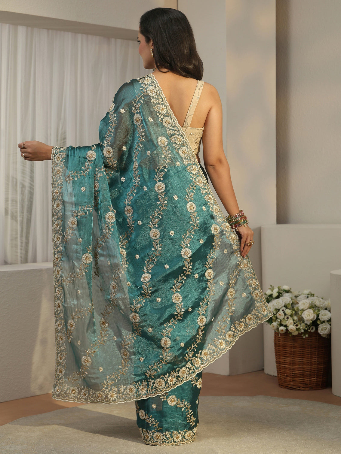 Mameraa Teal Blue Floral Embroidered Tissue Saree