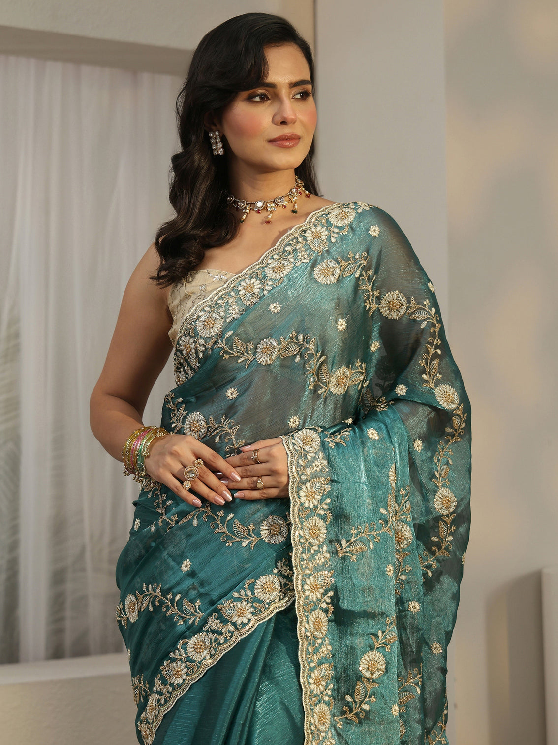 Mameraa Teal Blue Floral Embroidered Tissue Saree