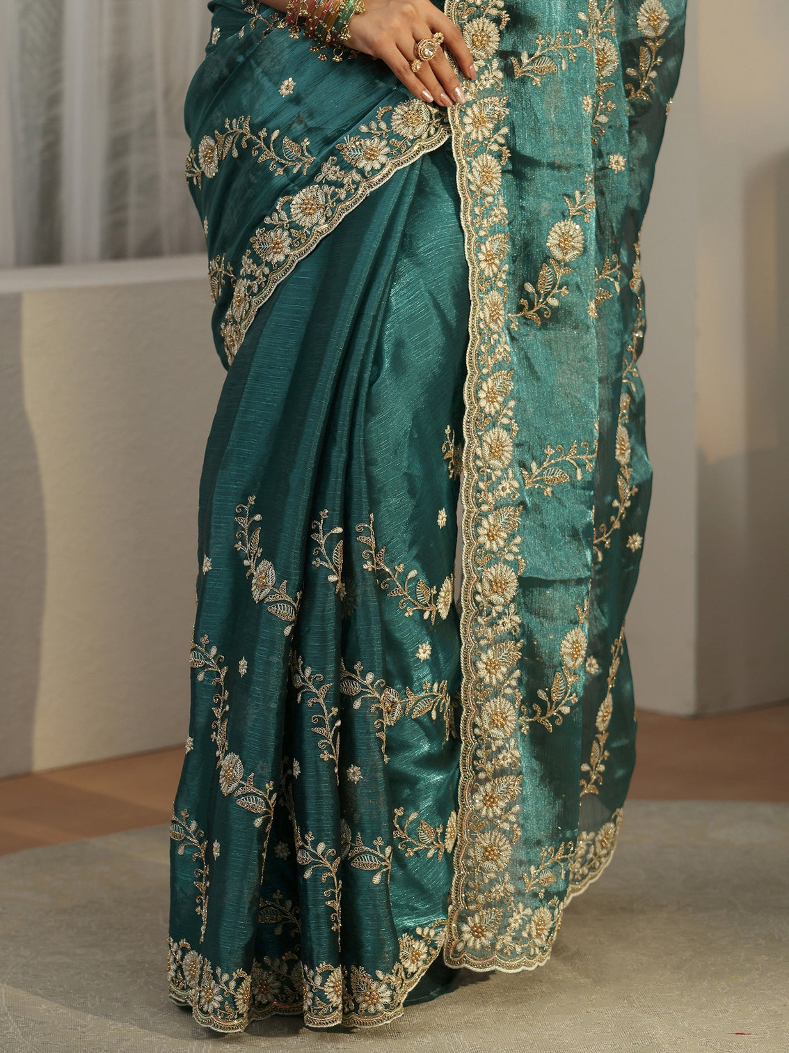 Mameraa Teal Blue Floral Embroidered Tissue Saree